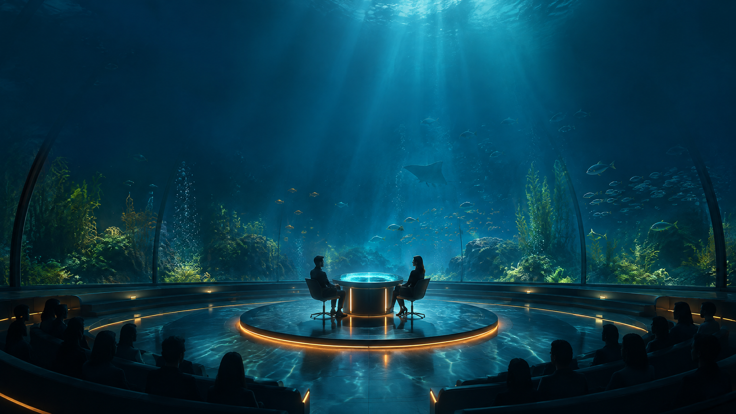Unterwasser-Quizstudio mit zwei Teilnehmenden an einer zentralen Spielkonsole