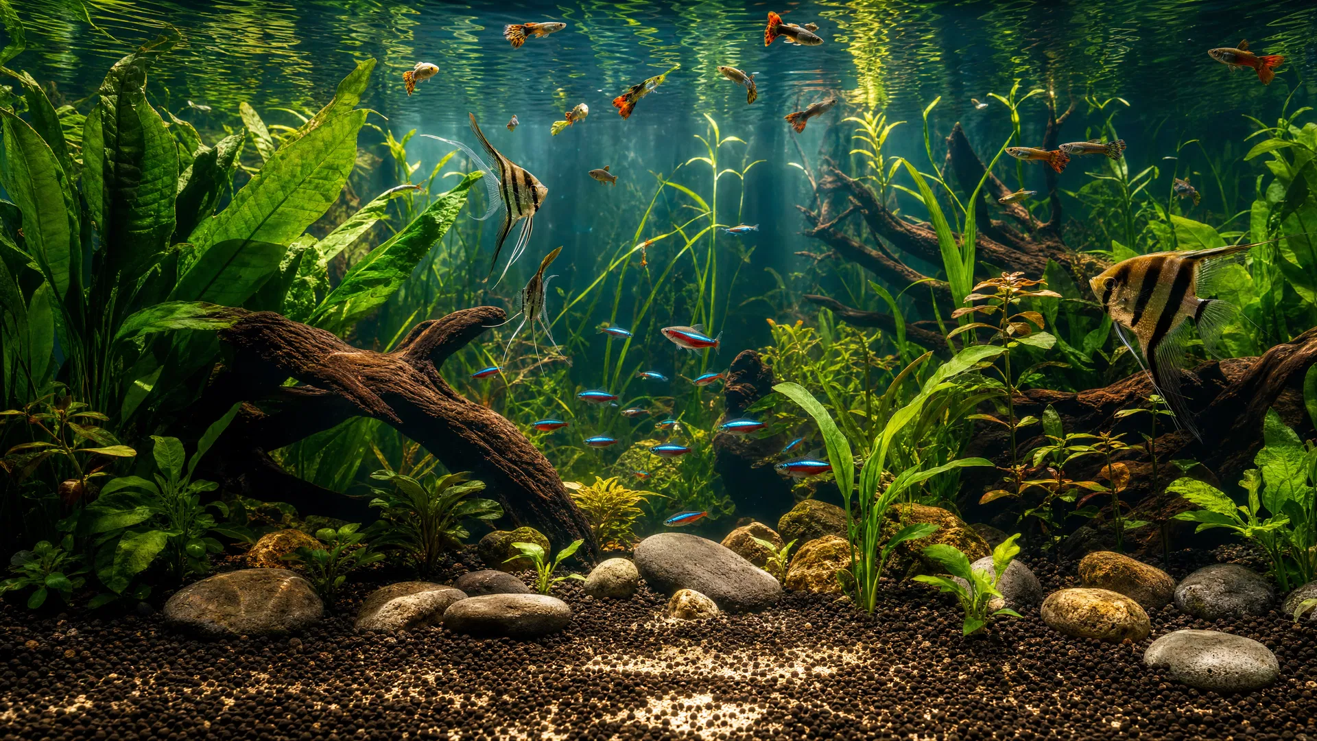 Üppig bepflanztes Süßwasser-Aquarium mit Skalaren und Neon-Salmlern